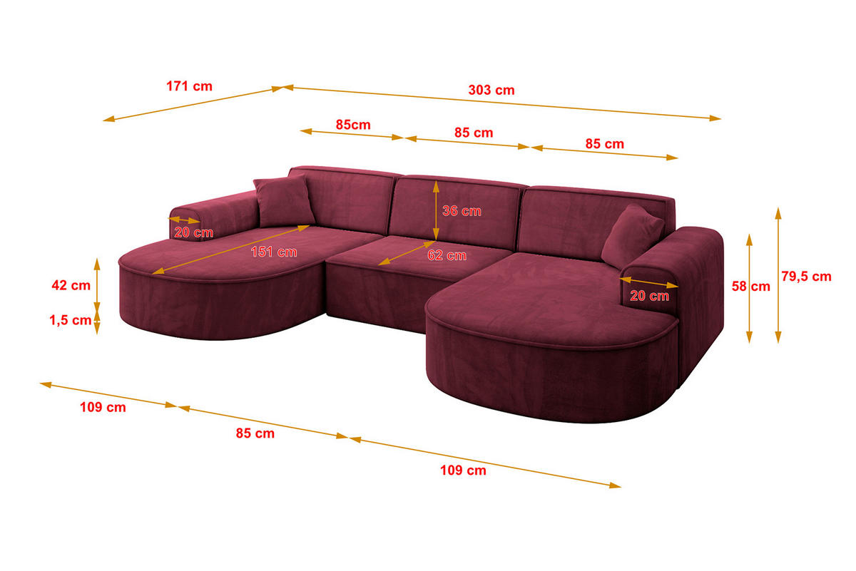 WOHNLANDSCHAFT MARI-U1 - 303x171x79 cm Bordeaux Velours - Bordeaux/Schwarz, Holzwerkstoff/Kunststoff (303/79/171cm) - ALTDECOR