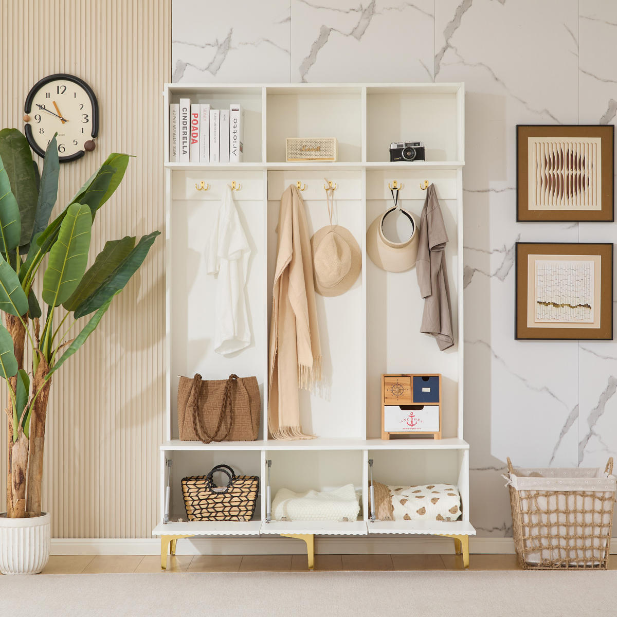 GARDEROBE Weiß Bank 6 Haken Gold Flur Set 120x40x191cm - Weiß, Holzwerkstoff (40/191/120cm) - FLIEKS