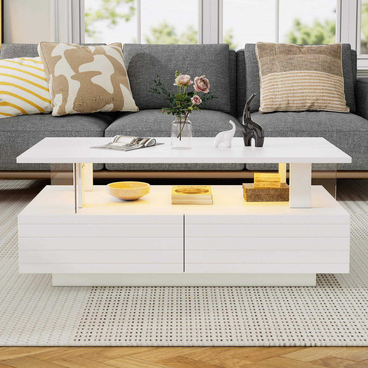 COUCHTISCH weiß mit Acrylelementen, LED-Beleuchtung, App- und Fernbediensteuerung 100 × 50 × 42 cm - Weiß, Holzwerkstoff (50/100/42cm) - Luhomfu