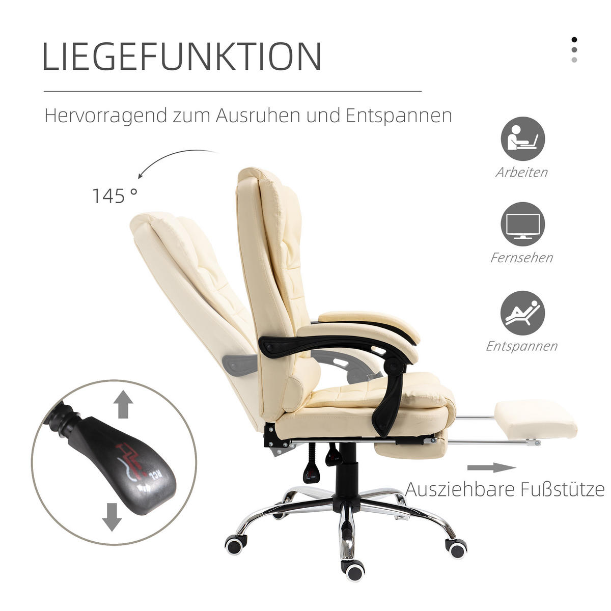 CHEFSESSEL Bürostuhl mit Fußstütze, Schreibtischstuhl mit Neigefunktion Creme - Creme, Leder (69/117/64.5cm) - HOMCOM