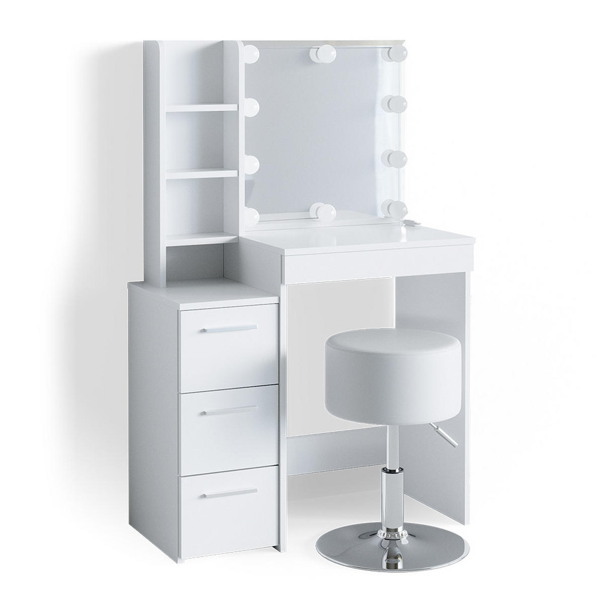 SCHMINKTISCH Meryl Weiß 79.9 cm mit LED Beleuchtung und Hocker - Weiß, Holzwerkstoff (40/127.4/79.9cm) - Vicco