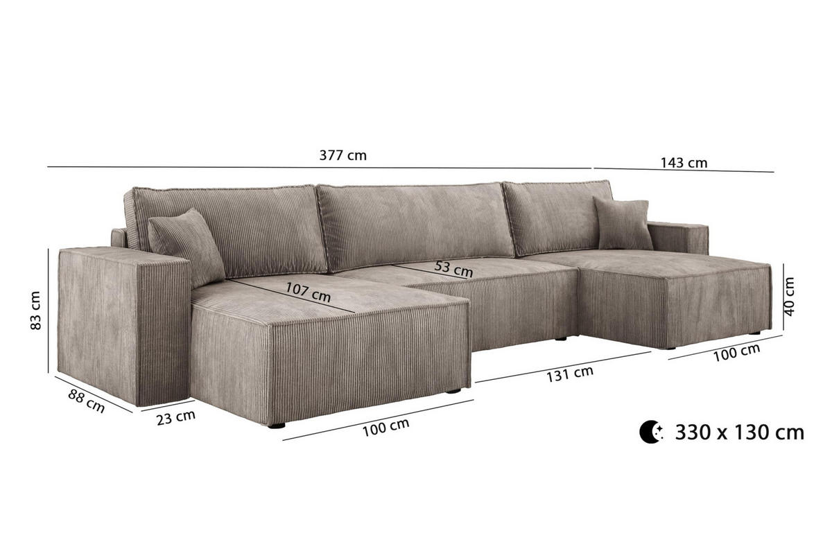 ECKSOFA Poso XXL U-förm, Schlaffunktion, weiche Kissen, Bettkasten, hochwertige Polsterung, lose Rückenkissen, freistehend, 377x143x83 cm Pink - Pink, Holz/Textil (377/83/143cm) - DomoHome