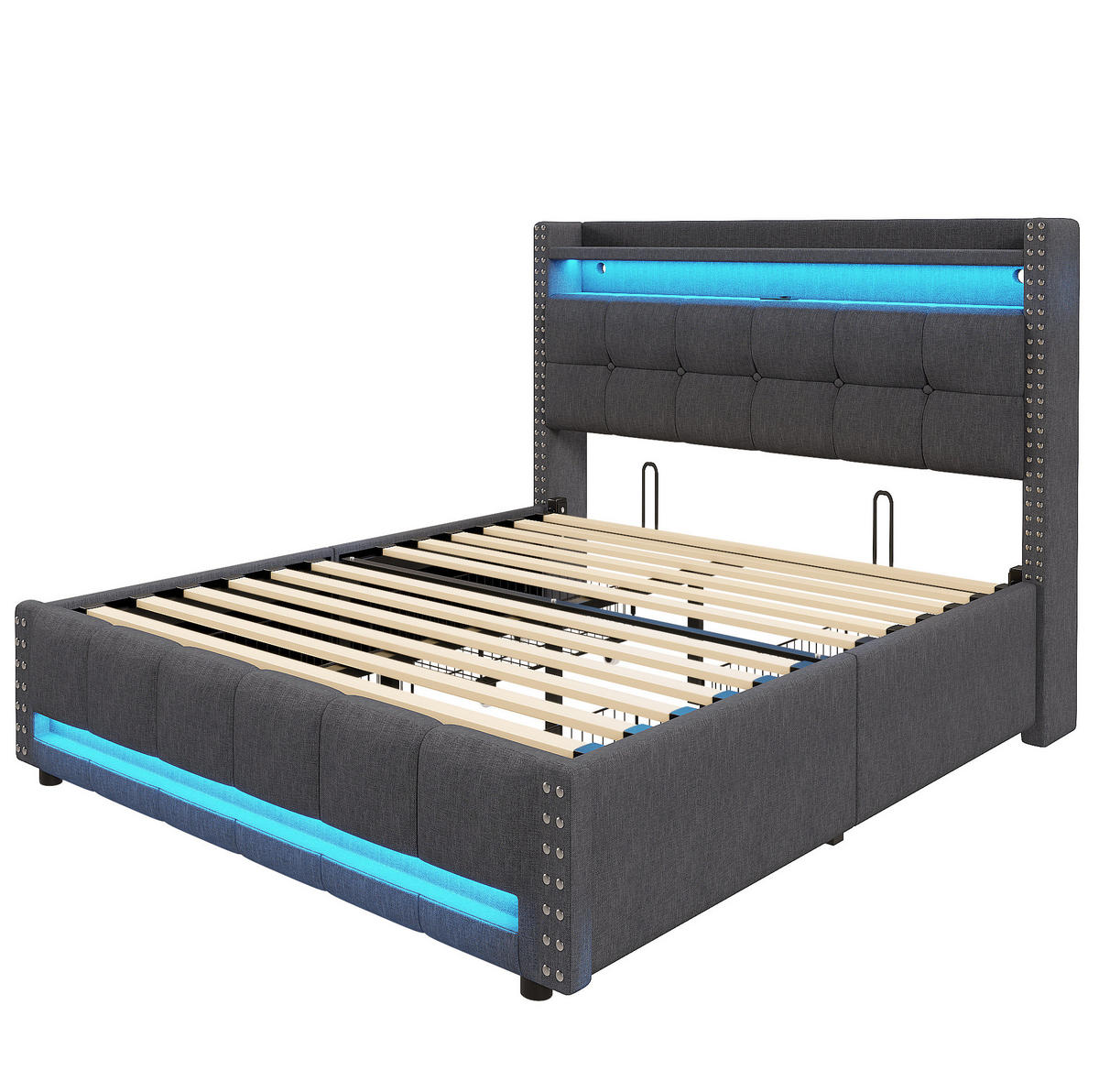 POLSTERBETT 160/200 cm mit LED-Beleuchtung, USB-Anschluss und Kopfteil mit Ablagen und Stauraum, aus Leinenstoff, Grau - Grau, Textil (160/200cm) - Redom