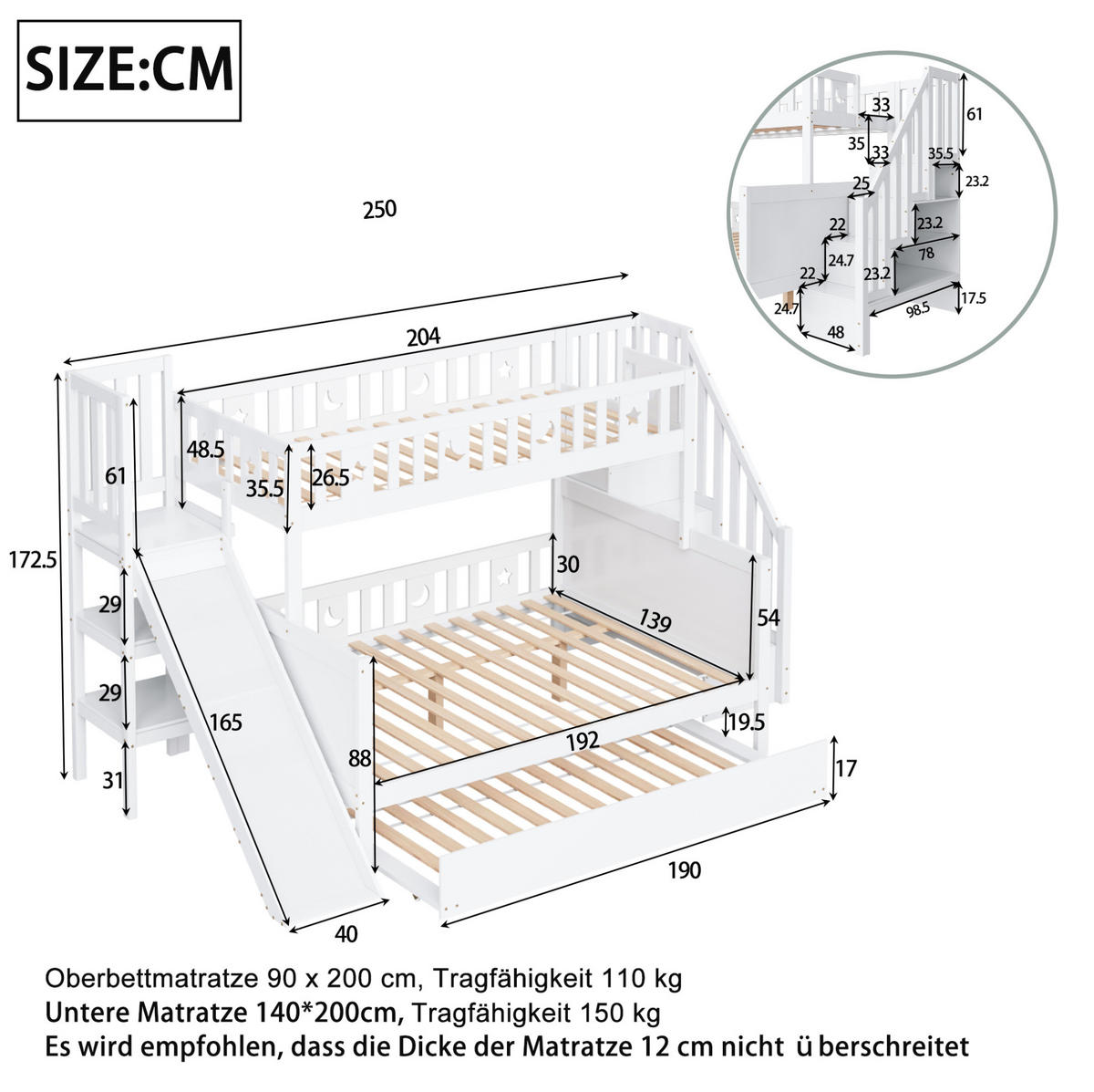ETAGENBETT 90/200 & 140/200 cm mit Rutsche, Leiter, Ausziehbett und Stauraum, Weiß - Weiß, Holzwerkstoff (90/200cm) - Redom