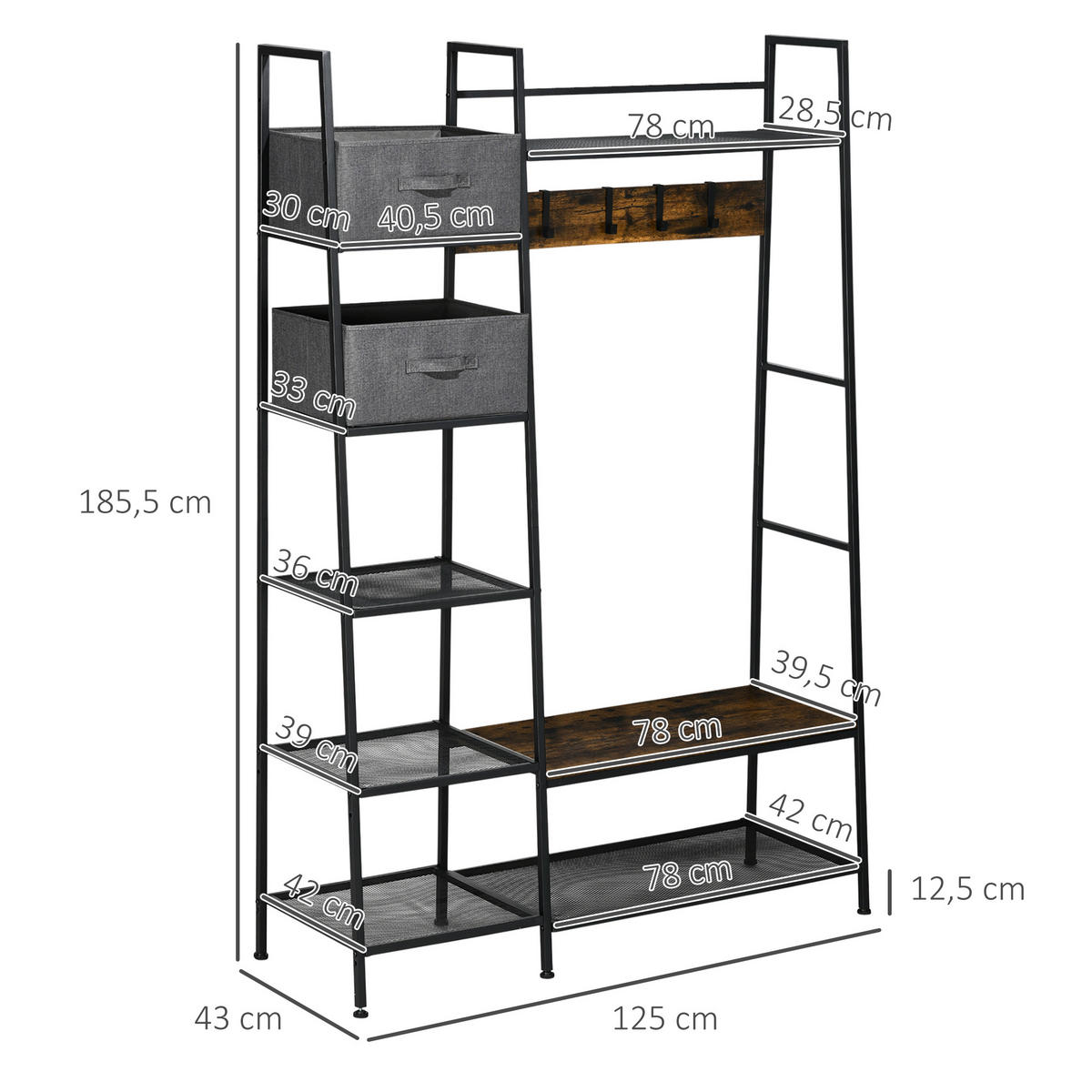 KLEIDERSTÄNDER DE-17204 6 Regale, 4 Haken, 2 Schubladen Schwarz/Natur - Braun, Metall (125/185.5/43cm) - ComfortXL