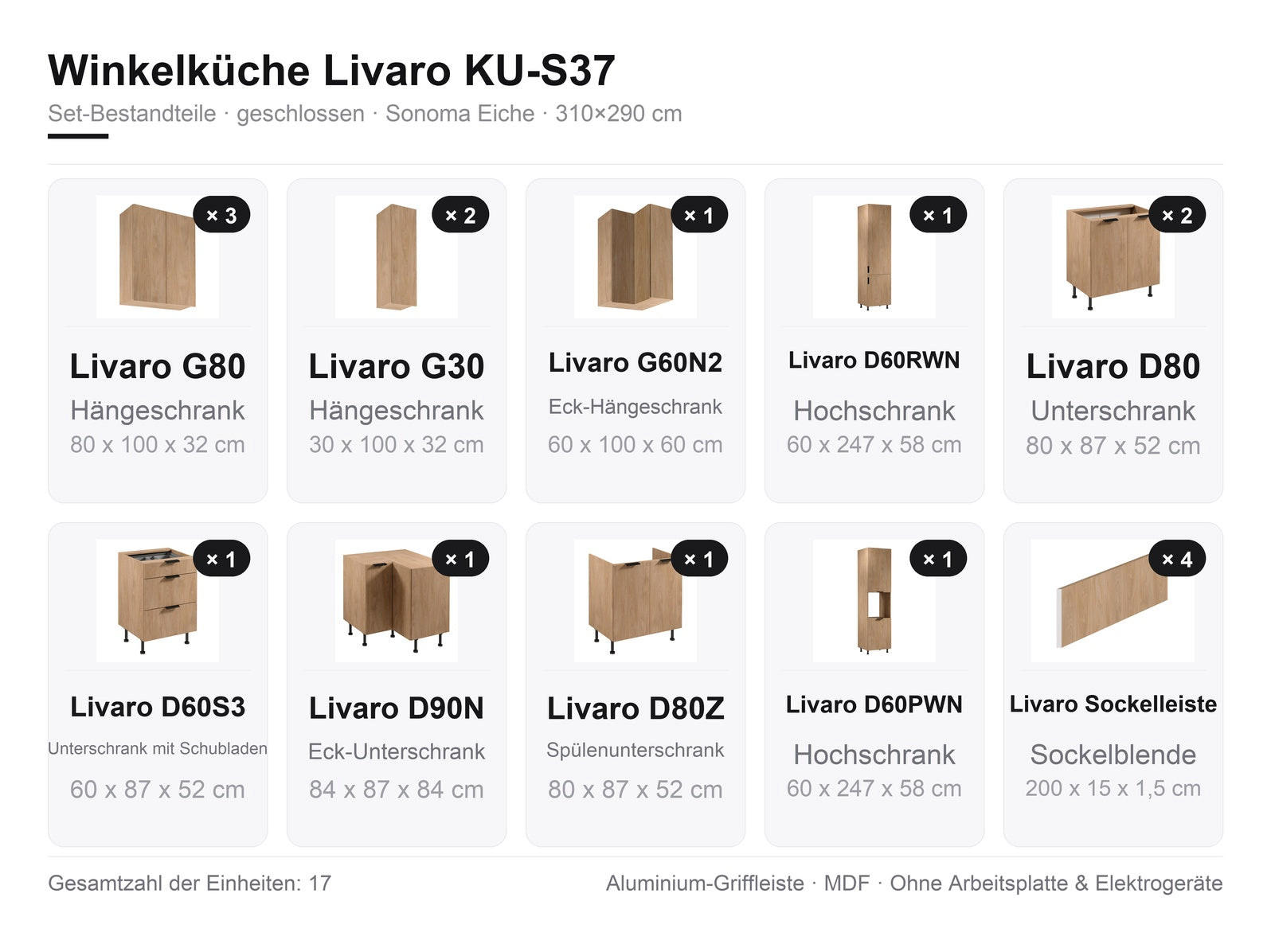 WINKELKÜCHE - 310 x 290 cm Livaro – KU-S37 – Sonoma Eiche - Schwarz/Sonoma Eiche, Holzwerkstoff/Metall (310/247/290cm) - hi-markt