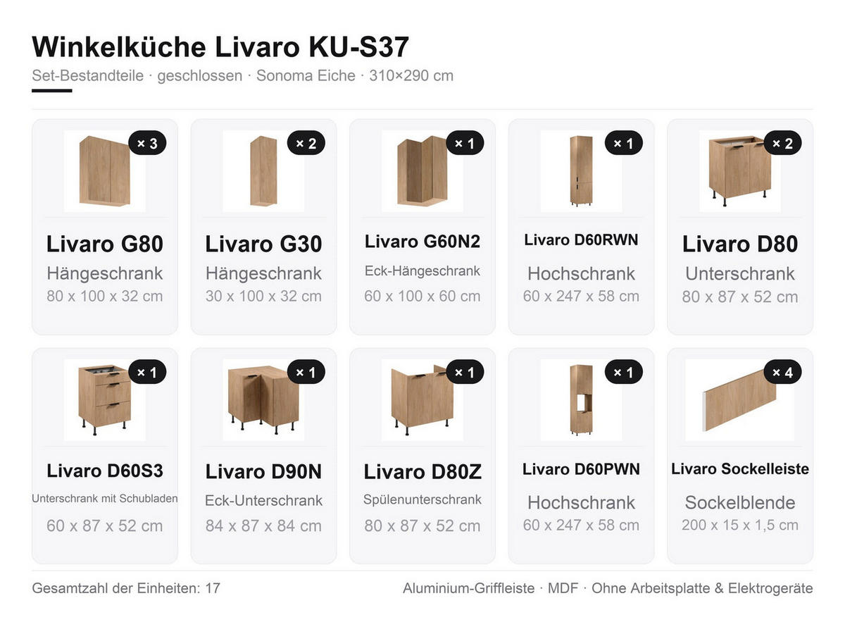 WINKELKÜCHE - 310 x 290 cm Livaro – KU-S37 – Sonoma Eiche - Schwarz/Sonoma Eiche, Holzwerkstoff/Metall (310/247/290cm) - hi-markt