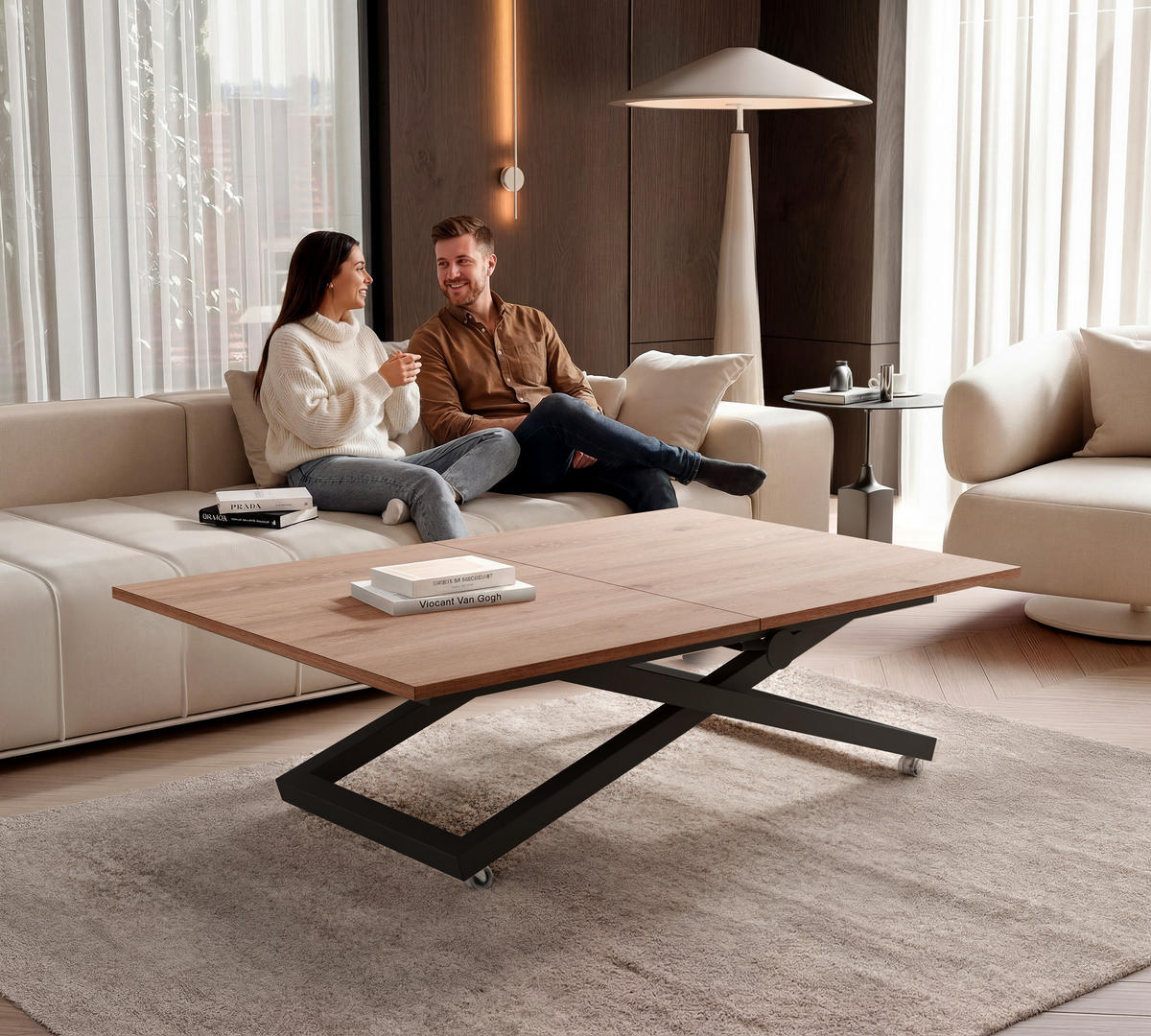 COUCHTISCH ARIA 120-160/80 cm, Höhenverstellbar, Schwarz / Trüffelbraun - Trüffeleichefarben/Schwarz, Holzwerkstoff/Metall (120/80/38cm) - Idohome