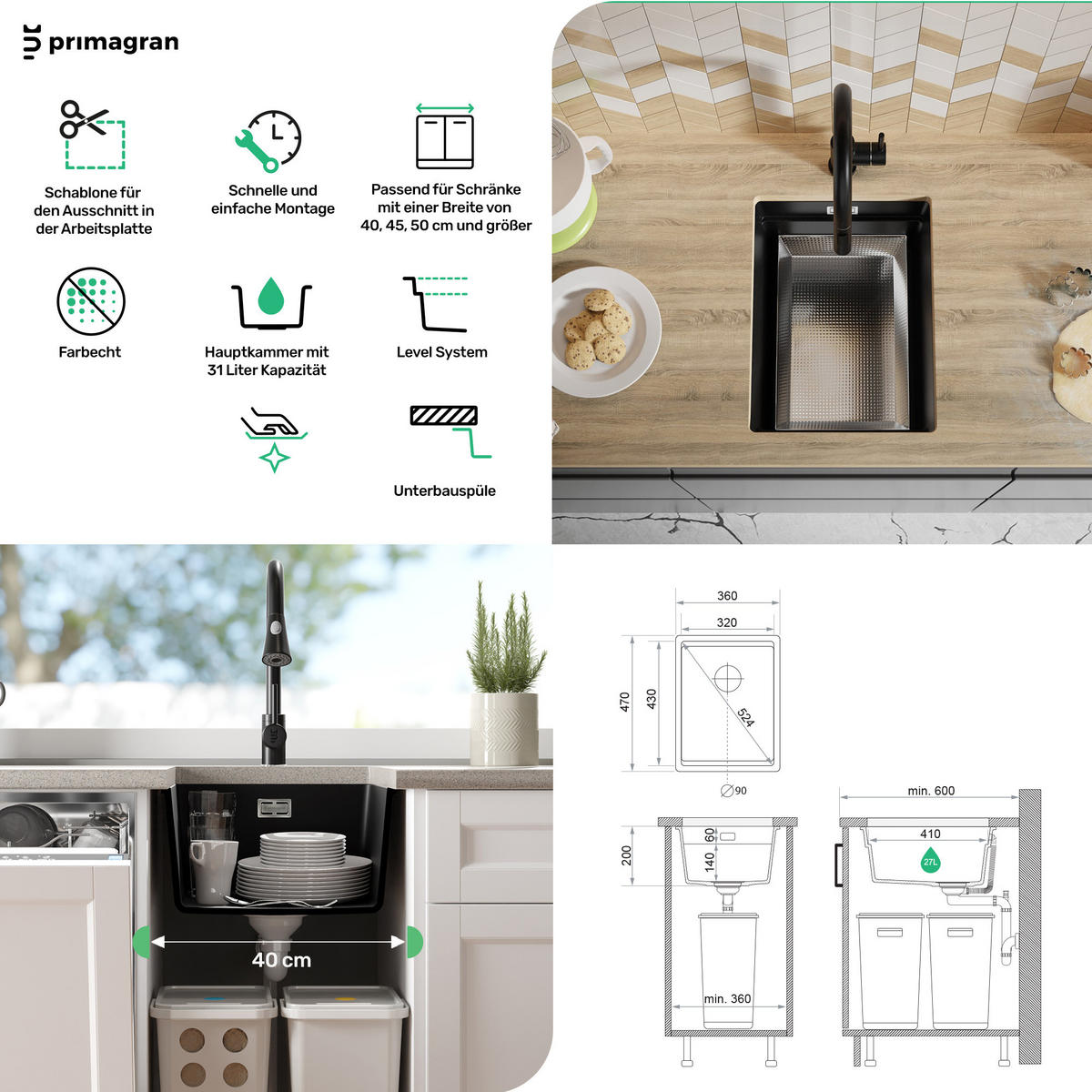 UNTERBAUSPÜLE GRANIT Praga, 2-er set Weiß 36/47 cm 1 Becken + Küchenarmatur 40/20 cm + Ablauf-Set + Aufrollbare Abtropffläche ab 40er Unterschrank - Chromfarben/Weiß, Kunststoff (36/20/47cm) - Primagran