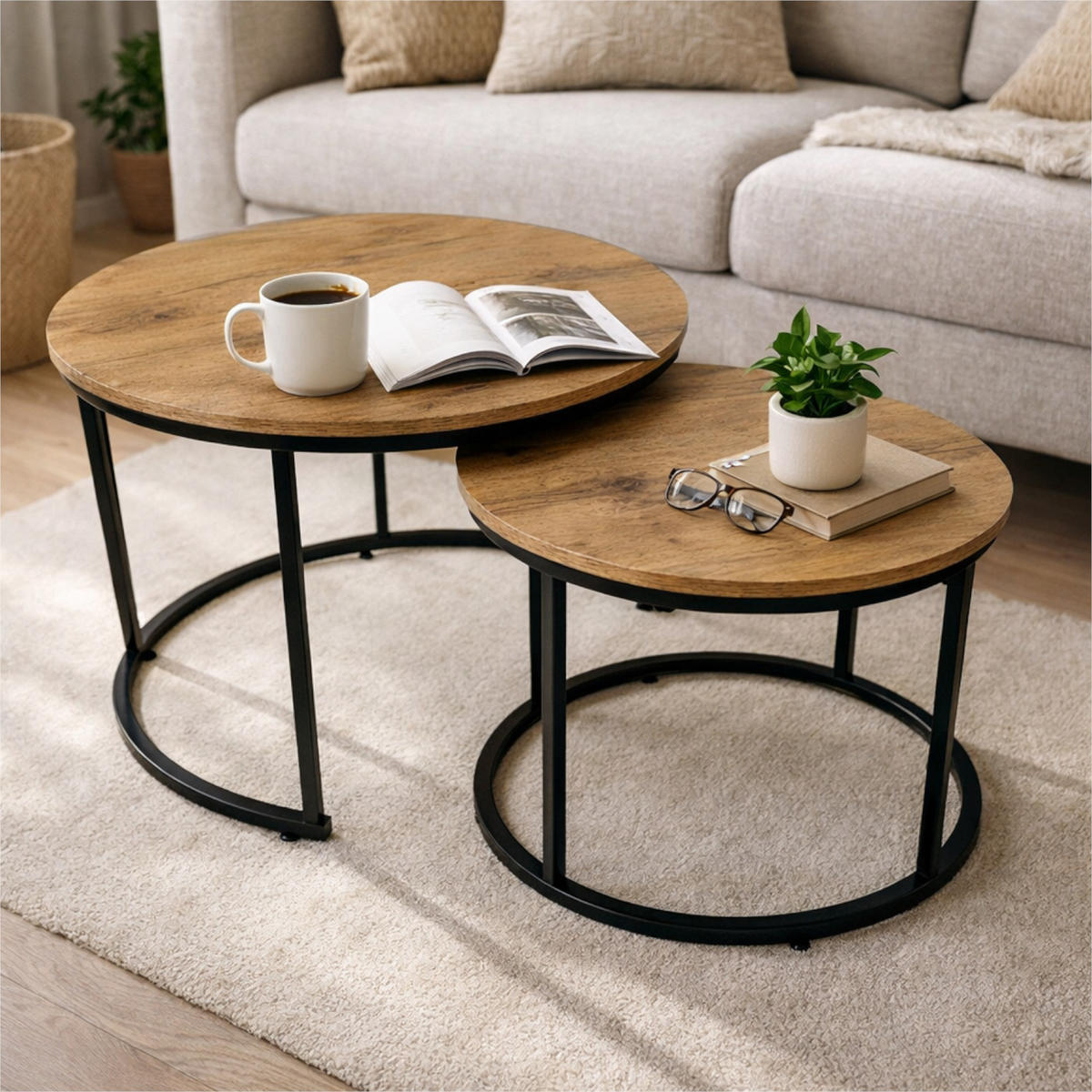 COUCHTISCH Holzoptik Metall Erlefarben Schwarz 2er Set 47x53x53 cm - Erlefarben/Schwarz, Holzwerkstoff/Metall (53/53/47cm) - Begryf