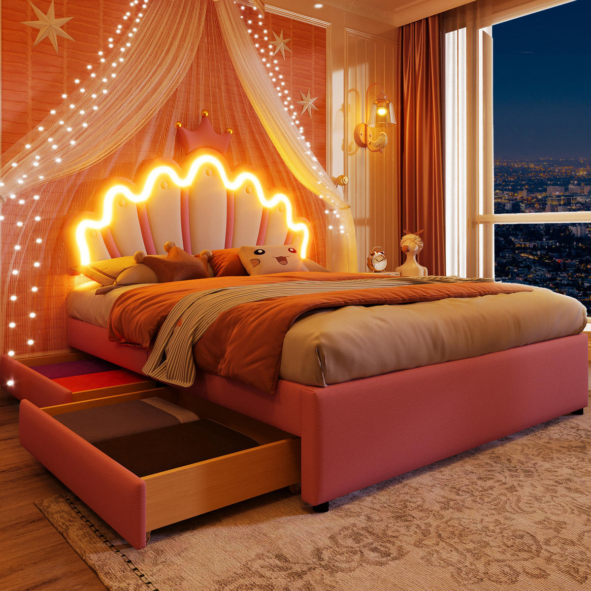 POLSTERBETT Kronenform 140/200 cm, Rosa mit 2 Schubladen und LED-Lichtleisten - Rosa, Kunststoff (140/200cm) - MIVRAY