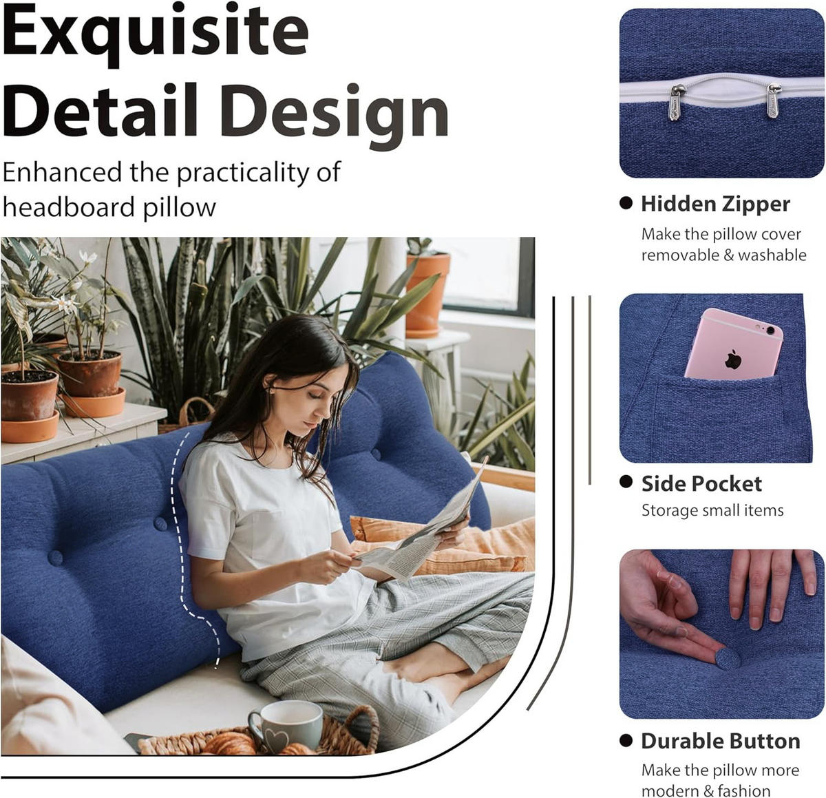RÜCKENKISSEN für Bett Leinenlook Blau 100 cm - Blau, Textil (50/100cm) - Vercart