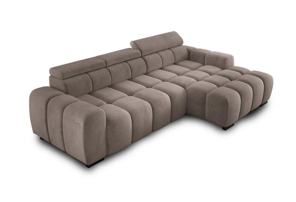 ECKSOFA OMBO 285x168x77/97 cm, Rechts, Schlaffunktion, elektr. Sitz, Kopfstützen, Buche dunkel, hydrophober SALVADOR-Stoff – Cappuccino - Cappuccino, Holz/Textil (285/168cm) - DomoHome