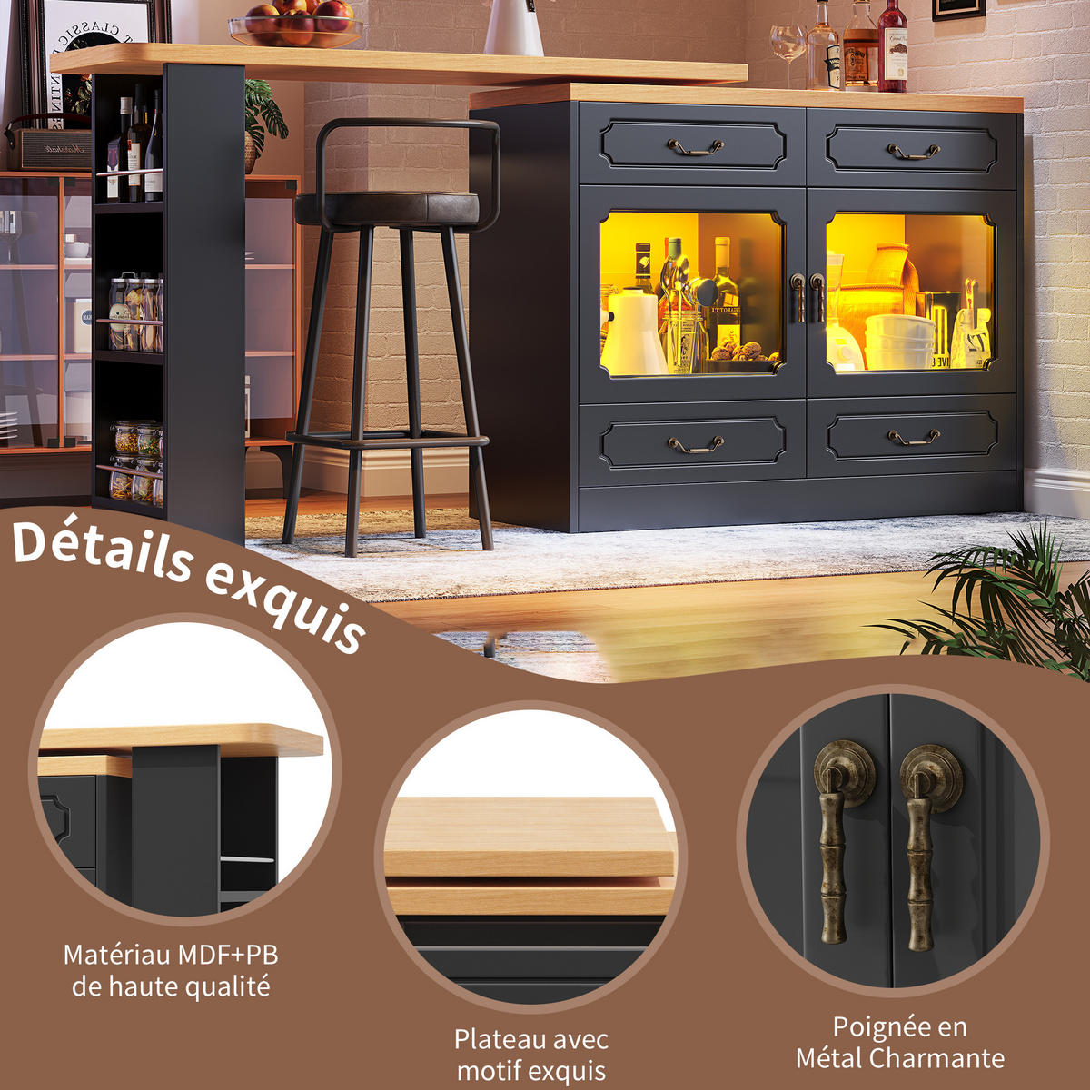 BARTISCH 360° Drehbar 135-203cm LED Stauraum Schwarz - Schwarz, Holzwerkstoff (39/135/928cm) - FLIEKS