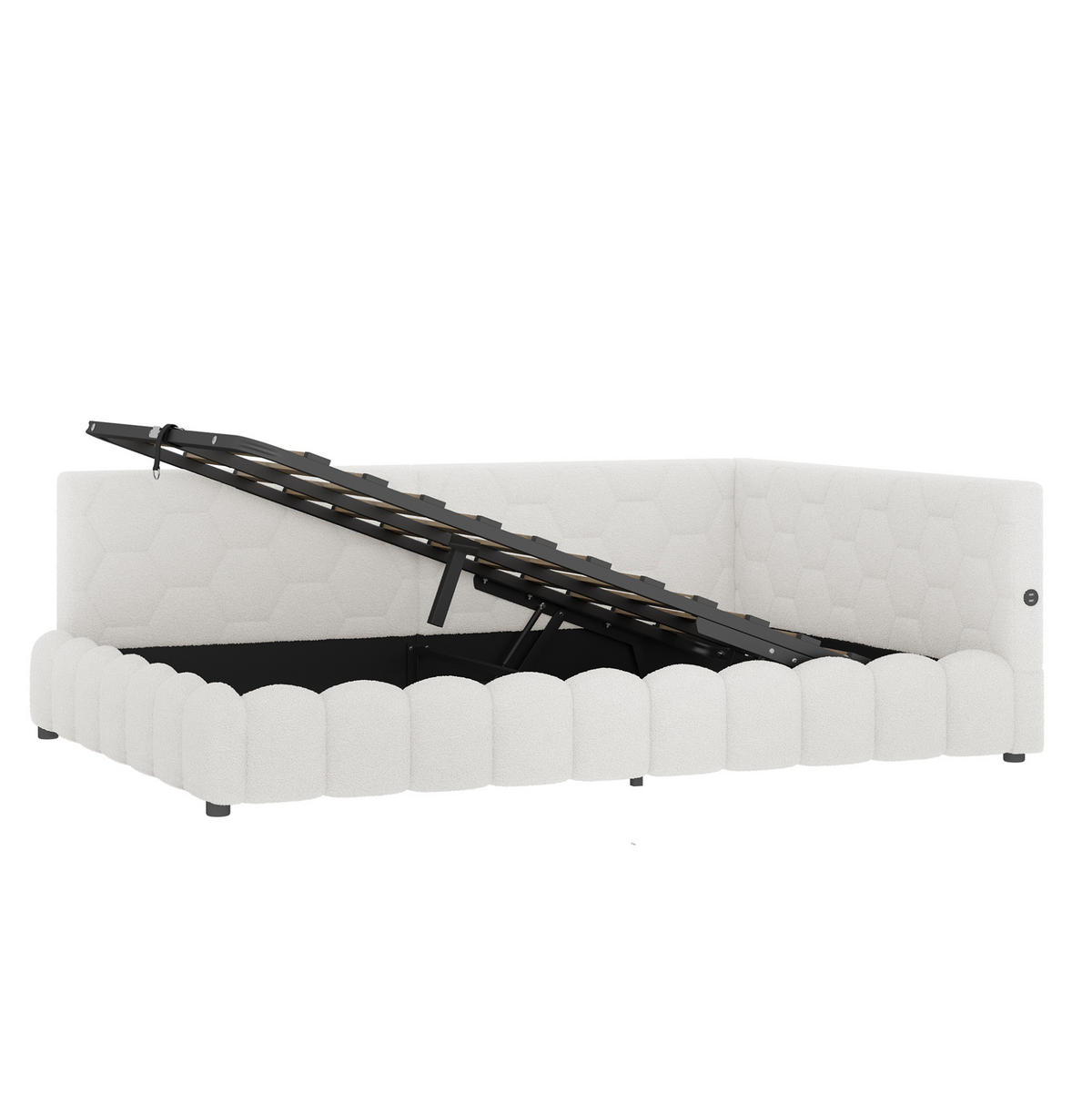 TAGESBETT 140/200 cm mit LED-Lichtleiste, USB, Typ-C und hydraulischem Bettkasten, Weiß - Weiß, Textil (140/200cm) - Redom