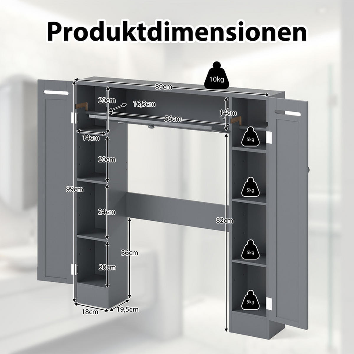 TOILETTENSCHRANK mit Toilettenpapierhalter grau - Grau, Holzwerkstoff (89/99/19.5cm) - COSTWAY