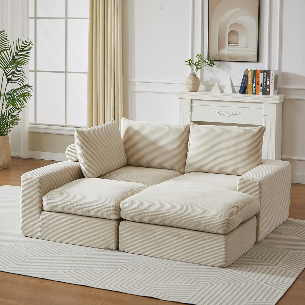 ECKSOFA 251/160/81 cm beige aus Cord mit Chaiselongue, 4 Modulen und 3 Kissen - Beige, Textil (160/251cm) - OKWISH