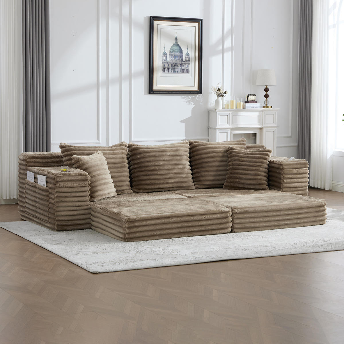 SCHLAFSOFA 273/98/87 cm Khaki mit beidseitigen Taschen und Getränkehaltern - Sandfarben, Textil (107.48/34.25/38.58cm) - Oxeza