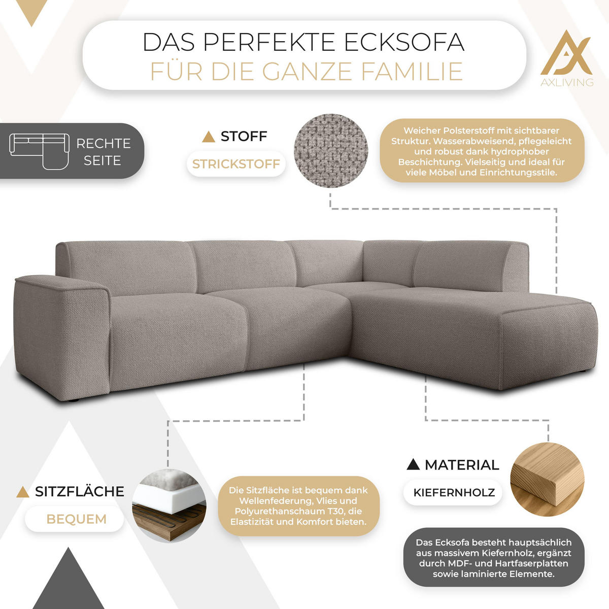 ECKSOFA L Form Didim Beige 292/220/78 cm – großes Sofa stilvoll & bequem R - Beige/Schwarz, Kunststoff/Textil (292/220cm) - AX Living