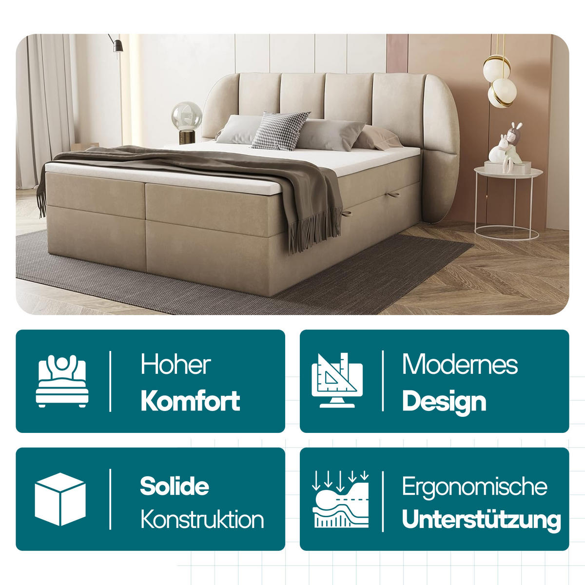 BOXBETT 160x200 cm, BILBAO, Elegant dekoratives Kopfteil, Mit Bettkasten und Taschenmatratze, Schwarz - Schwarz, Holzwerkstoff/Kunststoff (160/200cm) - Trada