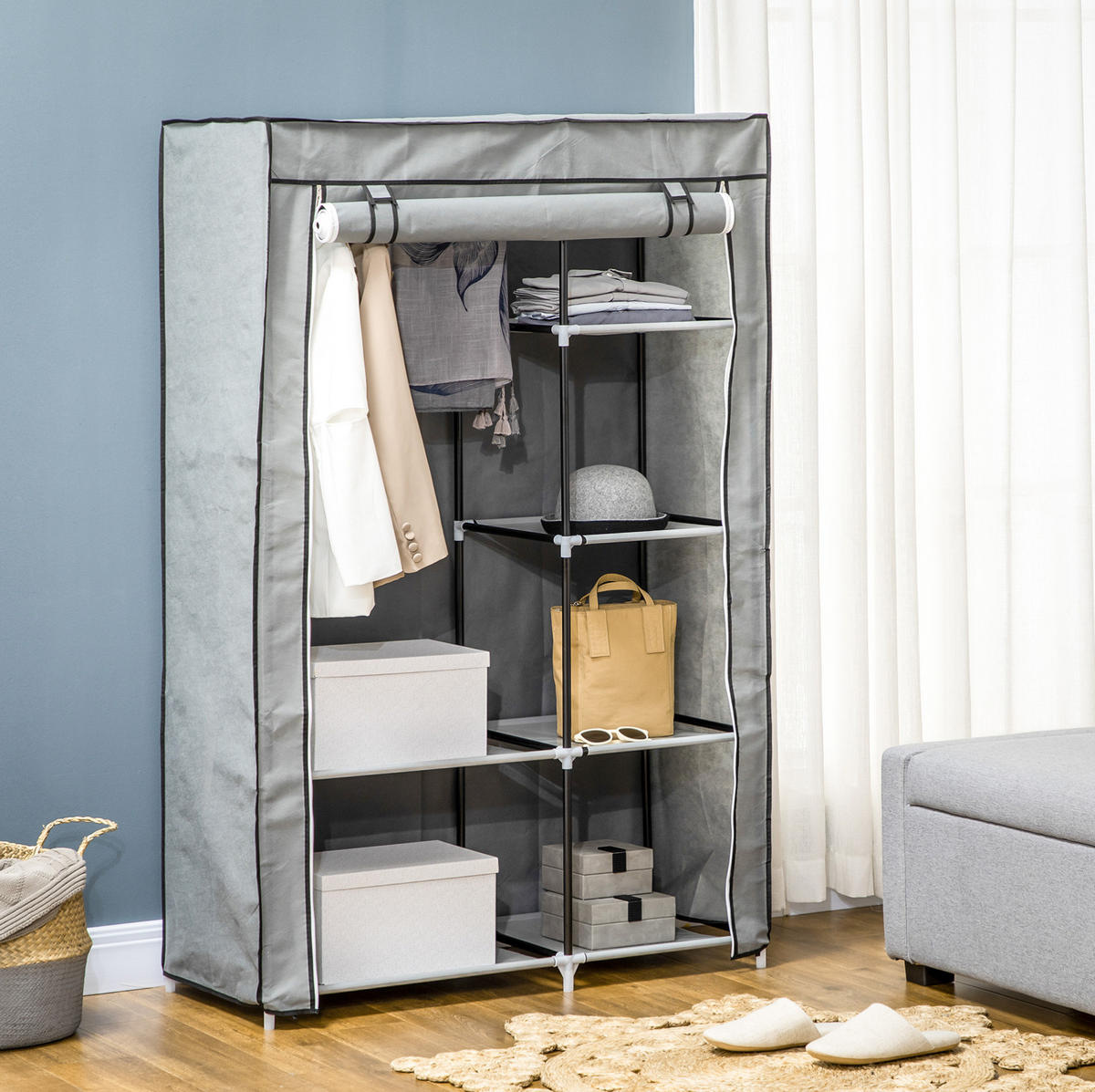 KLEIDERSCHRANK 103/43/162,5 cm grau aus Stoff mit Kleiderstange und 6 Fächern - Grau, Textil (43/162.5/103cm) - OKWISH
