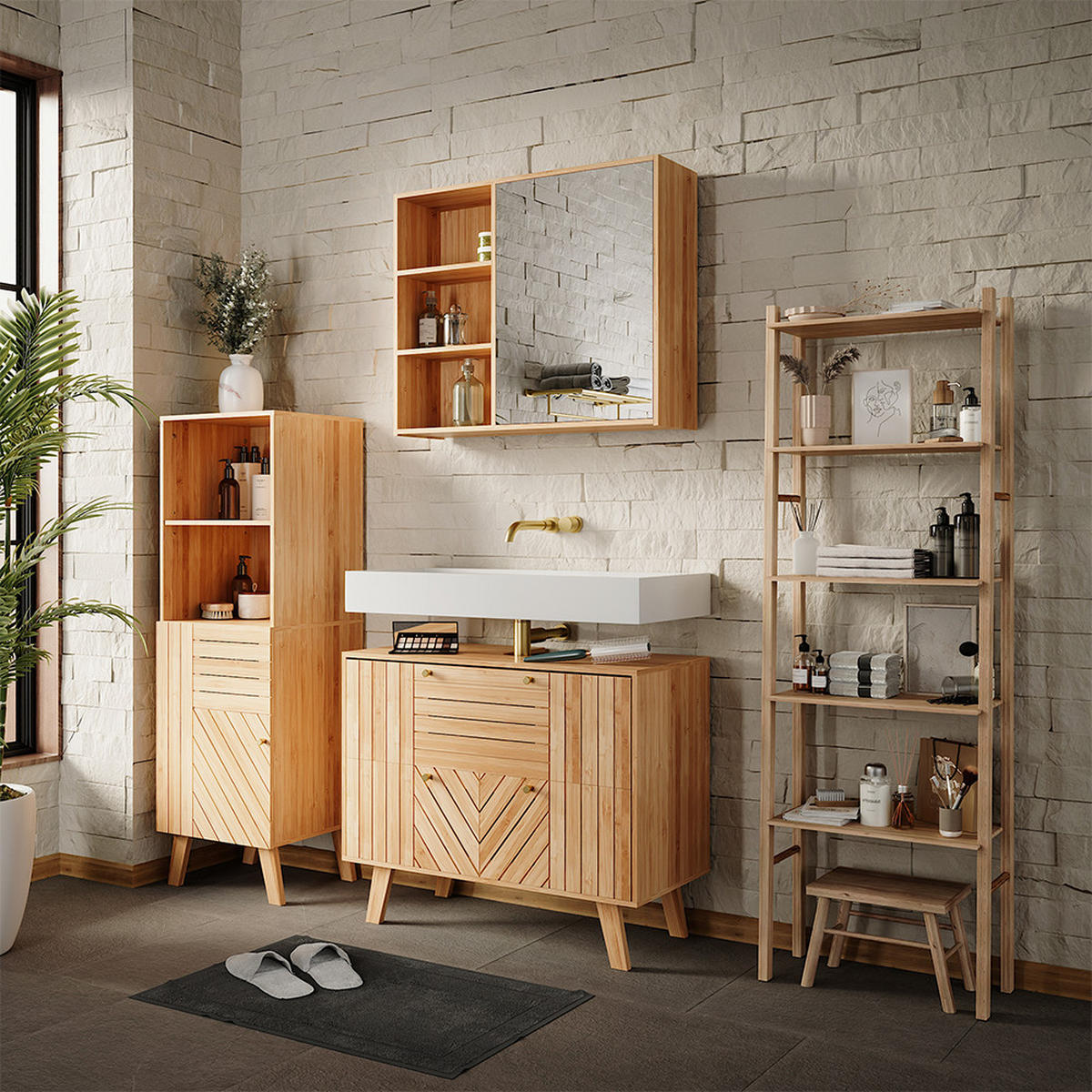 BADMÖBEL-SET Lucie Bambus 3 Teile - Grün, Holzwerkstoff (80/65/36cm) - Vicco