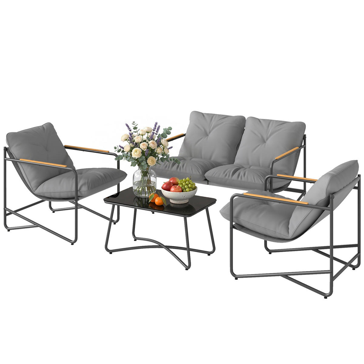 GARTENSET DE-13541 4-teilig mit 13 cm Kissen & Glastisch Hellgrau - Hellgrau, Metall - ComfortXL