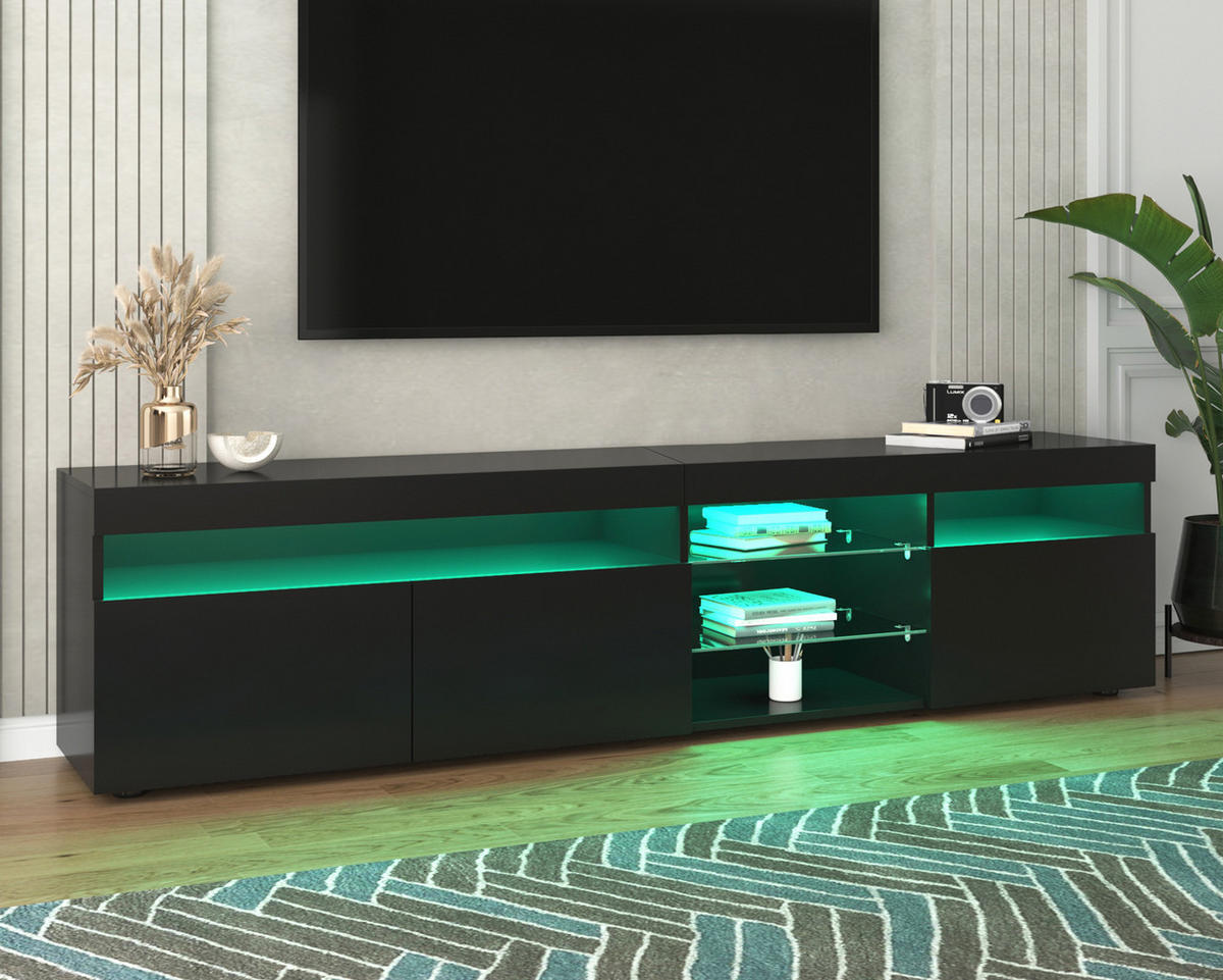 TV-LOWBOARD 180/35/48 cm mit 3 Türen und LED-Beleuchtung - Schwarz, Holzwerkstoff (180/48/35cm) - BEAOK