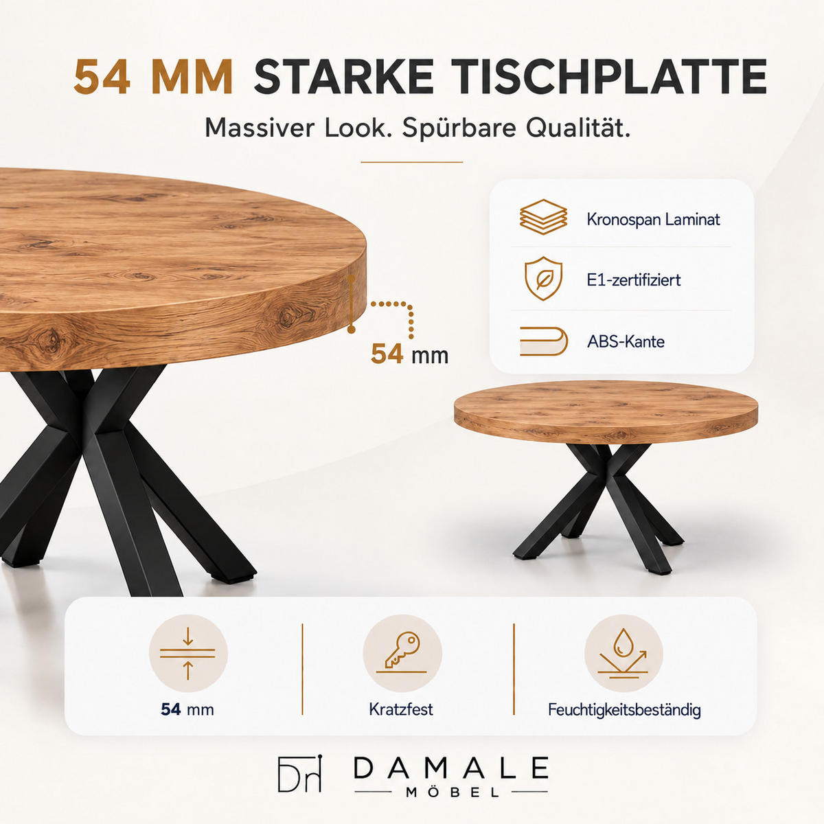 ESSTISCH rund ausziehbar 110/310/76 cm, Eiche Craft, 54 cm Tischplatte + X Metallbeine Schwarz - Eichefarben, Holzwerkstoff/Metall (110/310/76cm) - Damale Möbel