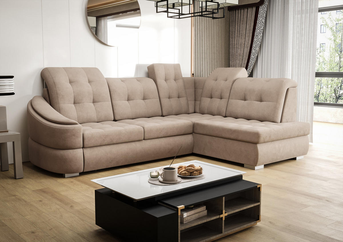 ECKSOFA KONGO RBN09, Eckcouch in L-Form mit Schlaffunktion, Farbe: Beige, Velourstoff, Ottomane Rechts - Beige, Textil (260/180cm) - O-Sofa