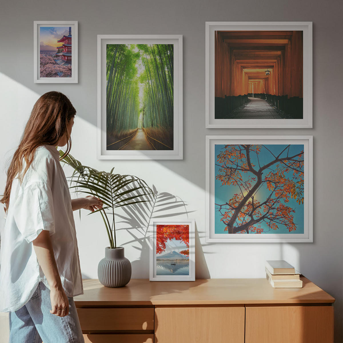 WANDBILDER 5er-Set - 50x50 cm & 20x30 cm & 40x60 cm Weißer Rahmen - Meerblick, farbenfrohe Häuser - Weiß, Kunststoff (40/60cm) - ArtPrintCave