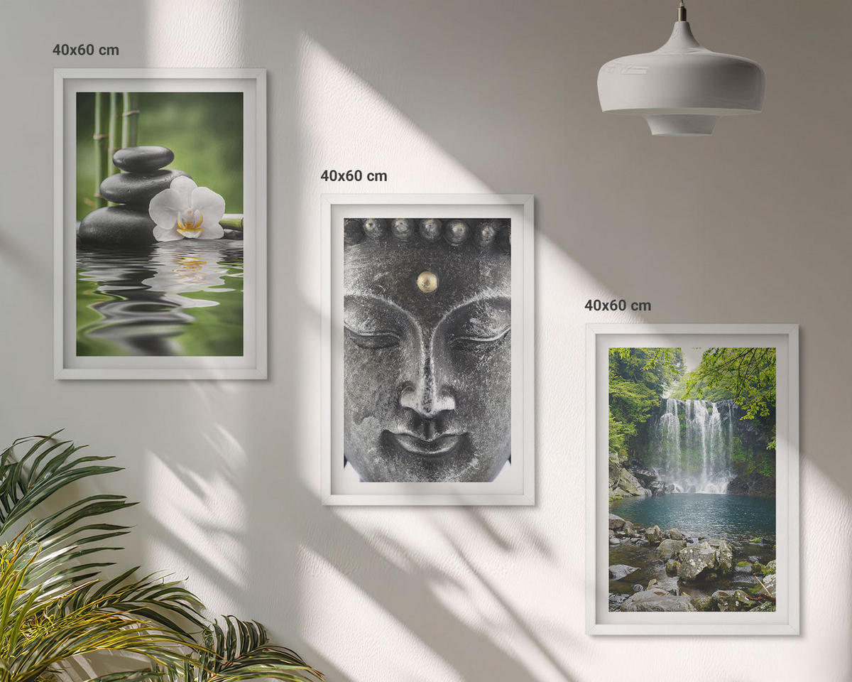 WANDBILDER 3er-Set - 40x60 cm Weißer Rahmen - Harmoniesteine Wasser Buddha - Weiß, Kunststoff (40/60cm) - ArtPrintCave