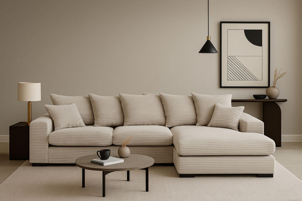 ECKSOFA Mit Schlaffunktion Und Bettkasten Couch L-form Gabon Stoff Zoom Perle Rechts - Ecru, Holz (285/155cm) - Kaiser Möbel