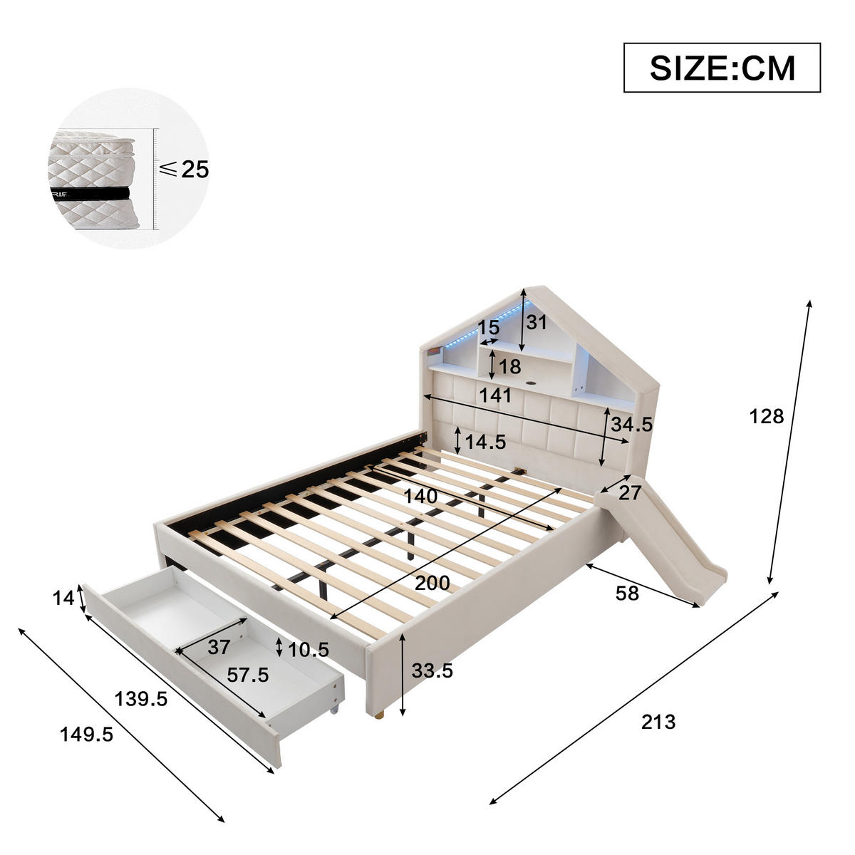 SPIELBETT 140/200 cm mit Rutsche und LED, DE-41740, in Beige - Beige, Holzwerkstoff (140/200cm) - ComfortXL