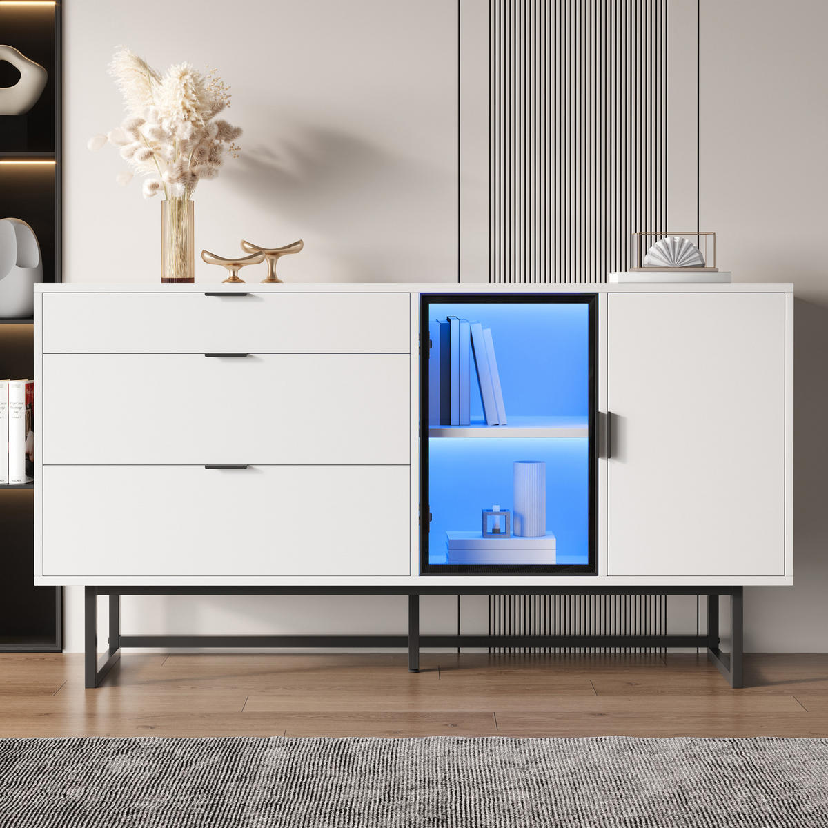 SIDEBOARD in Weiß Kommode mit 3 Schubladen, Glastüren und LED-Lichtleiste für Esszimmer und Wohnzimmer, B160T36/H78cm - Transparent/Schwarz, Holzwerkstoff/Metall (160/78/36cm) - STILVORA