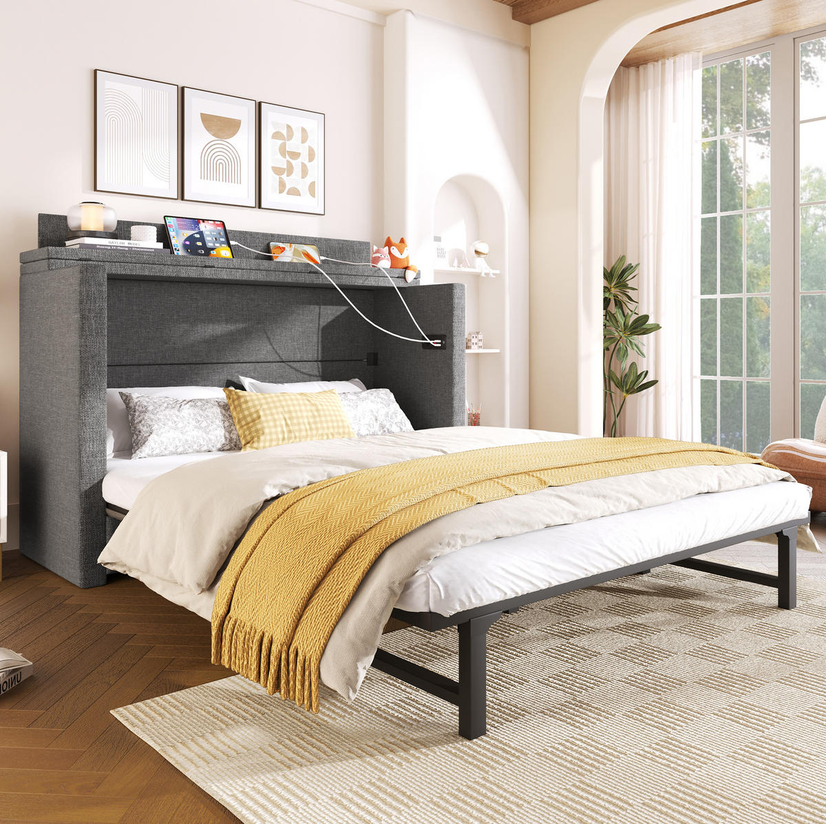 BETT 140/200 cm Grau aus Leinen und MDF mit USB- und Typ-C-Anschlüssen - Grau, Textil (140/200cm) - OKMYHOME