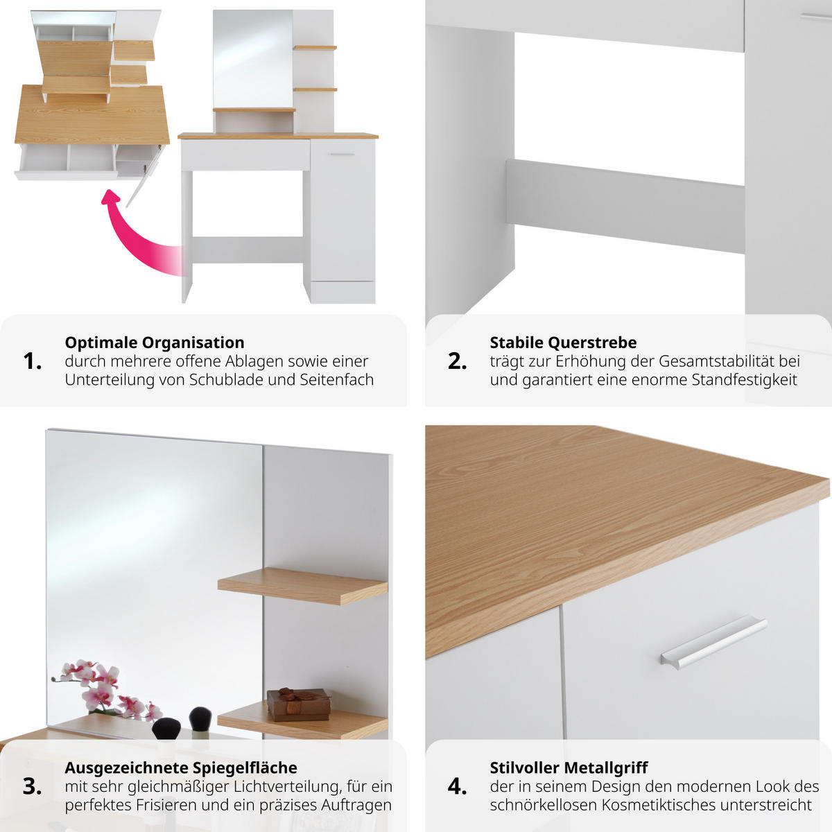 SCHMINKTISCH Zoe,90 x 40 x 137,5 cm,weiß/buche - Weiß/Honig, Holzwerkstoff (40/138.5/90cm) - tectake