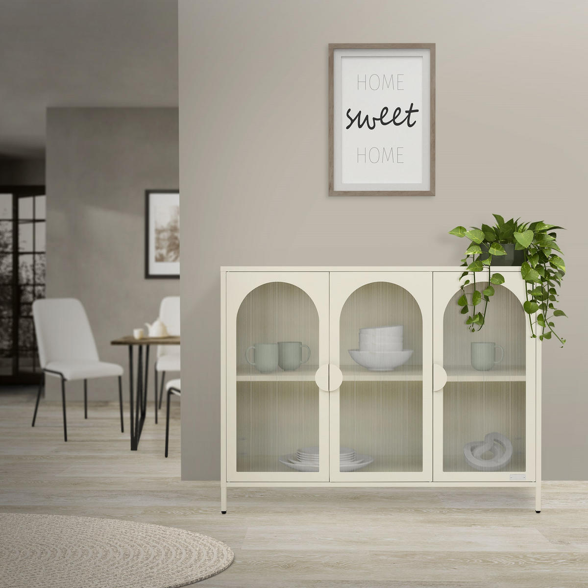 VITRINENSCHRANK aus Stahl 120x93x40 cm Creme mit 3 Türen - Creme, Metall (120/93/40cm) - ML-DESIGN