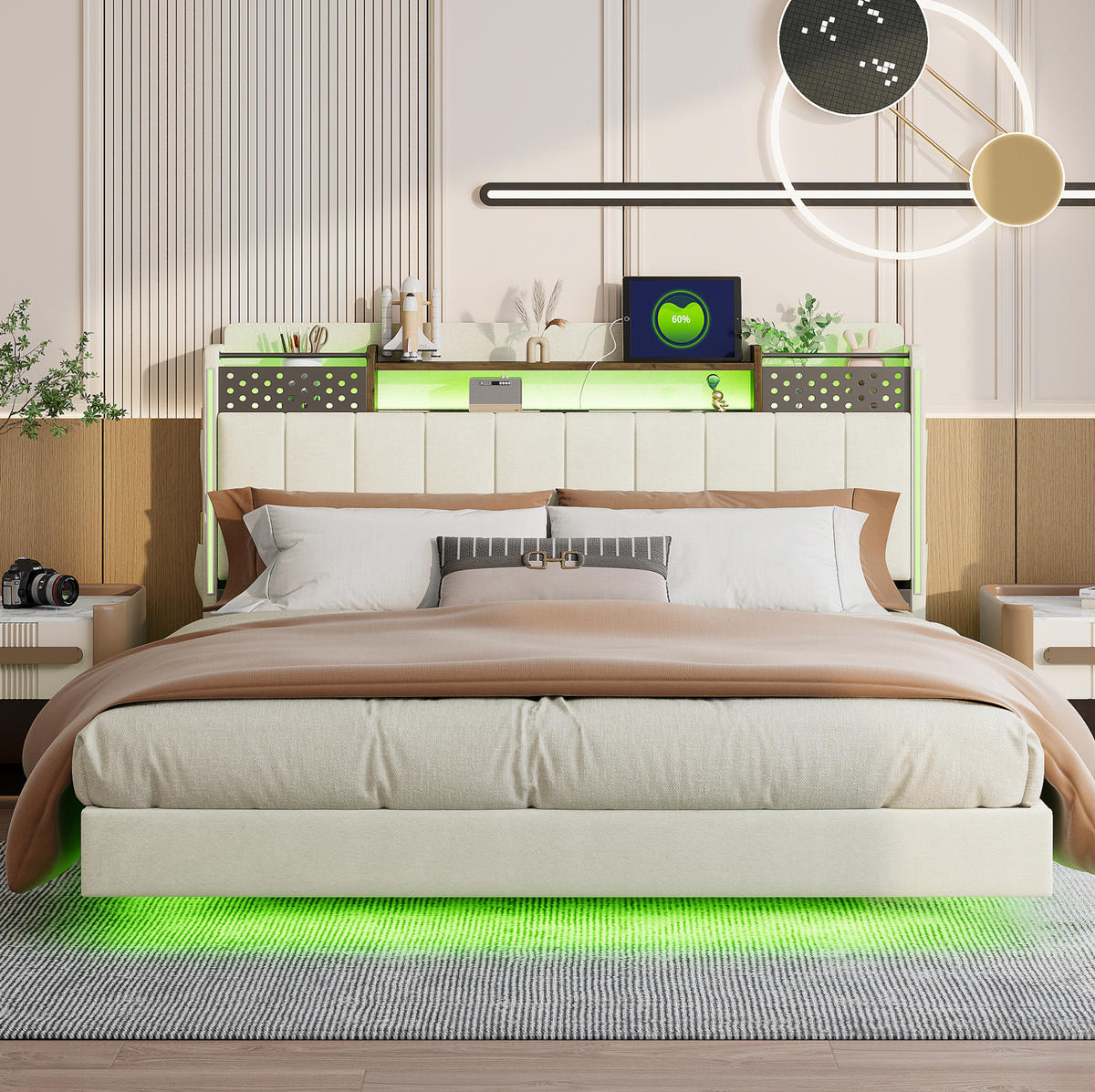POLSTERBETT 160/200 cm mit LED-Beleuchtung, USB und Stauraum im Kopfteil - Beige, Textil (160/200cm) - BEAOK