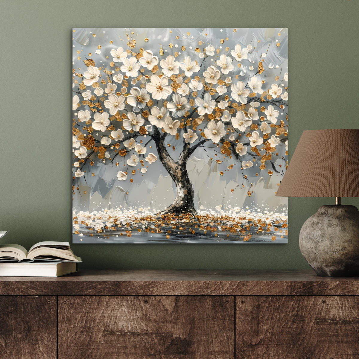 KOVOVÝ OBRAZ Strom - Kvety - Biela - Príroda - Umenie 50x50 cm - biela, kov (50/50cm) - MuchoWow