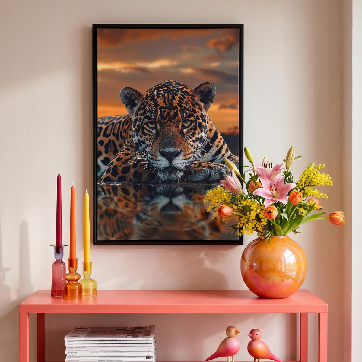 LEINWAND Bilder mit Rahmen - Natur - Leopard - Tier - Sonnenuntergang - Modern - 40x60 - Orange, Textil (40/60cm) - MuchoWow