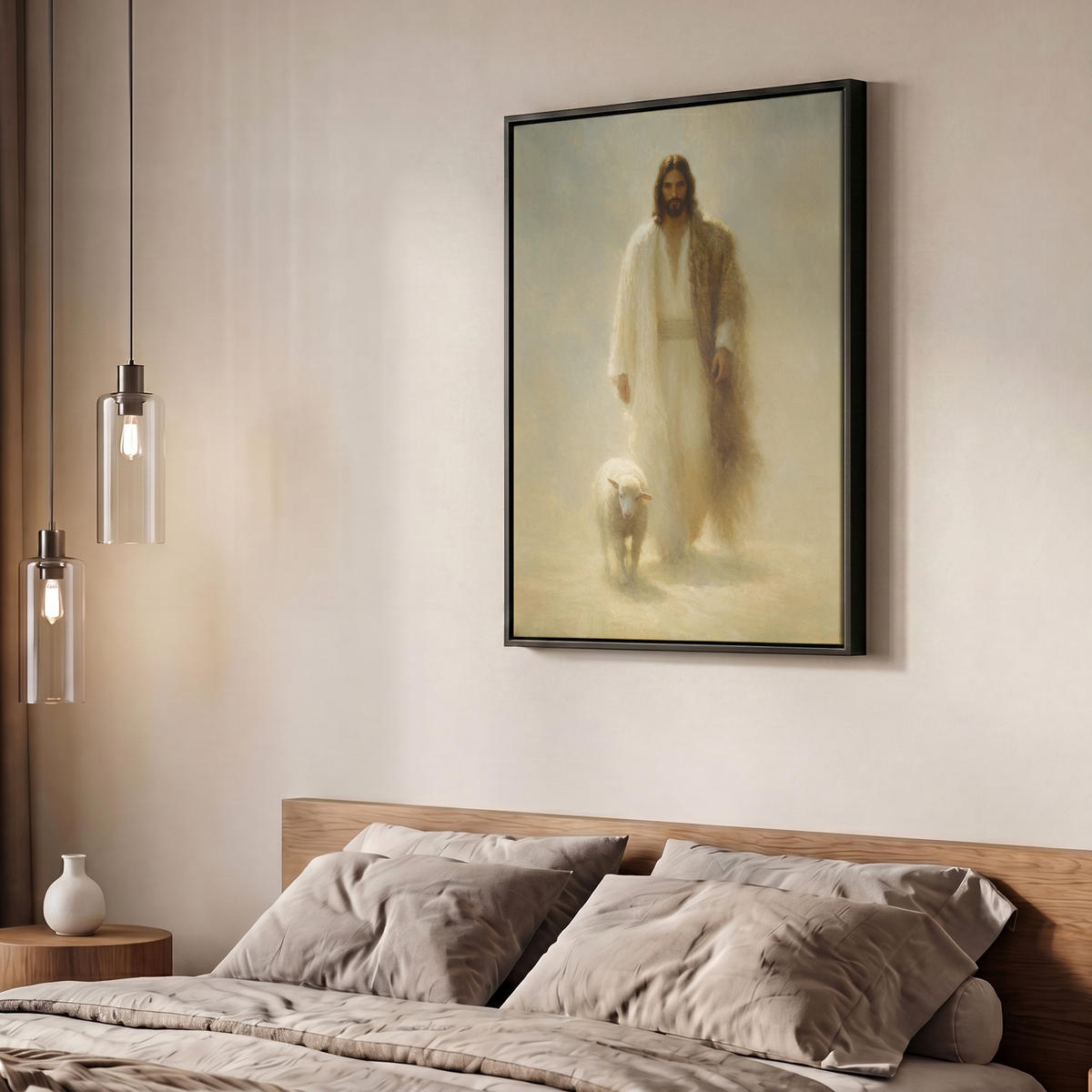 LEINWAND Bilder mit Rahmen - Schaf - Jesus - Pinselstriche - Abstrakt - 60x80 - Beige, Textil (60/80cm) - MuchoWow