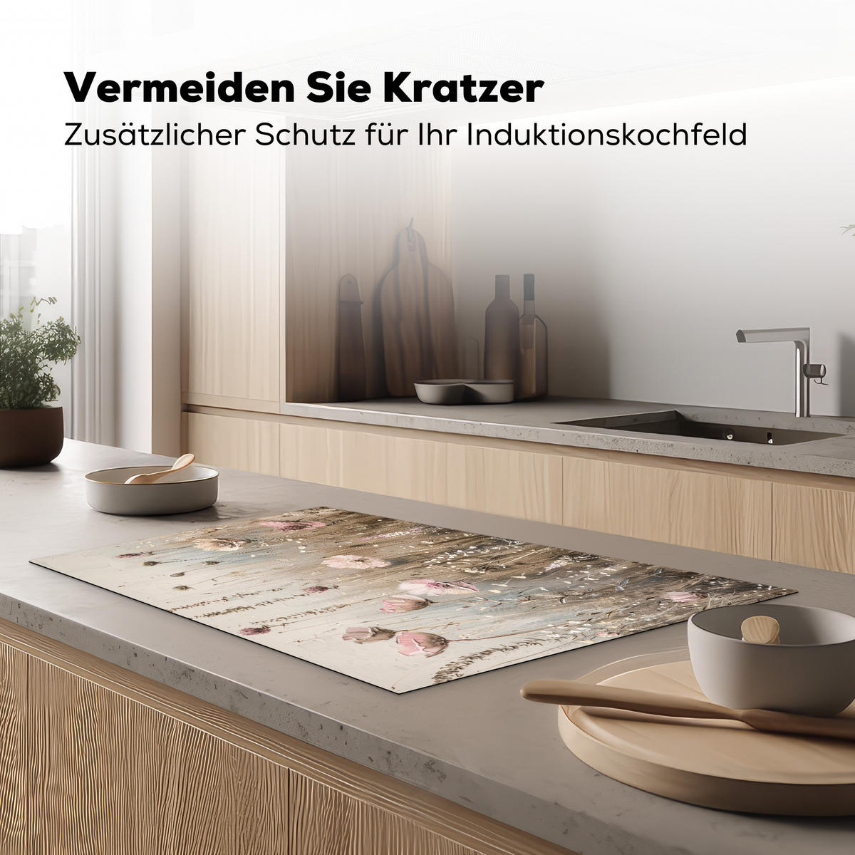 HERDABDECKPLATTE Blumen - Beige - Trockenblumen 85x52 cm - Beige, Kunststoff (85/52/0.2cm) - MuchoWow