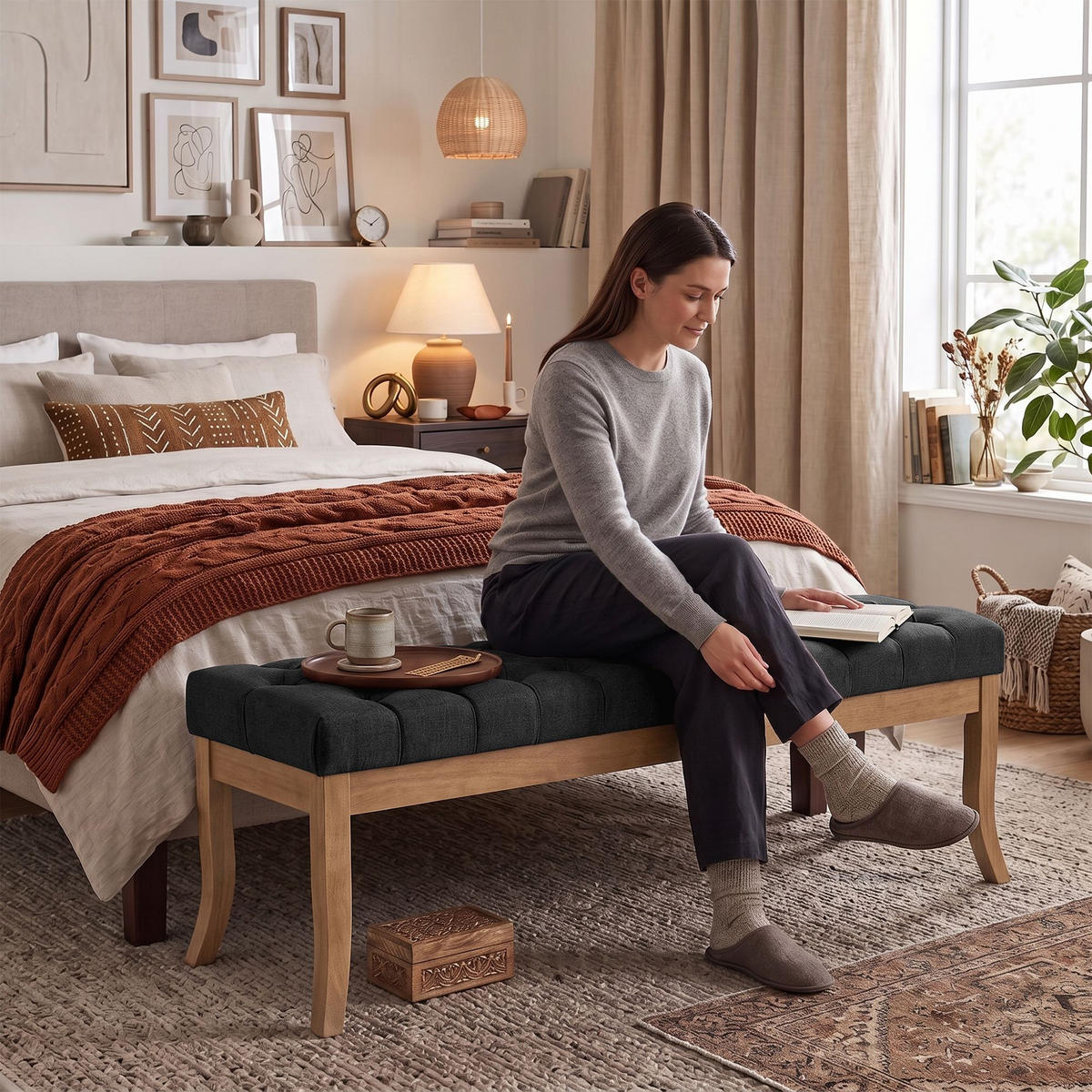 SITZBANK 150/38 cm Stoff Dunkelgrau - Dunkelgrau/Naturfarben, Holz/Textil (150/46/38cm) - CLP