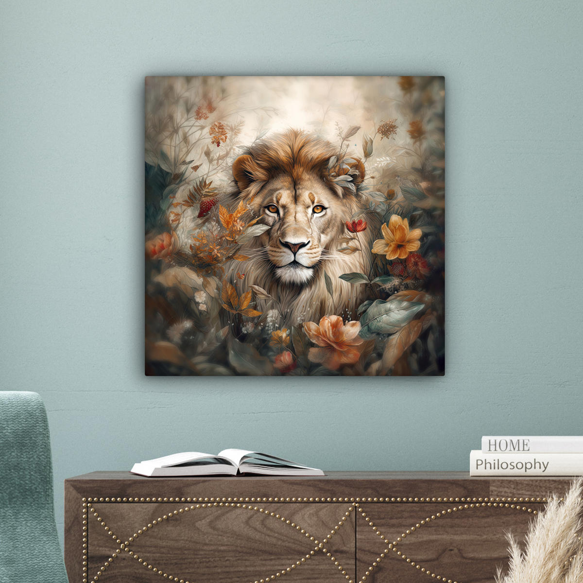 LEINWANDBILD Löwe - Wildtiere - Pflanzen - Natur - Blumen Wandbild Wohnzimmer 50x50 cm - Beige, Textil (50/50cm) - MuchoWow