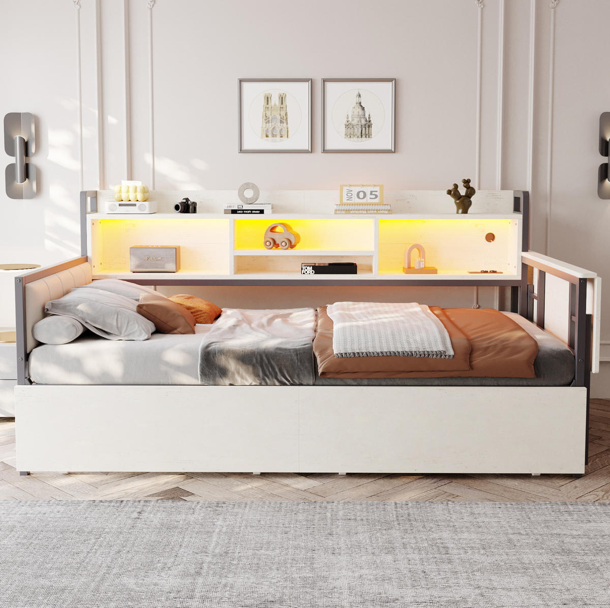 BETT 90/200 cm mit LED-Beleuchtung und Schreibtisch Weiß - Weiß, Metall (90/200cm) - OKWISH