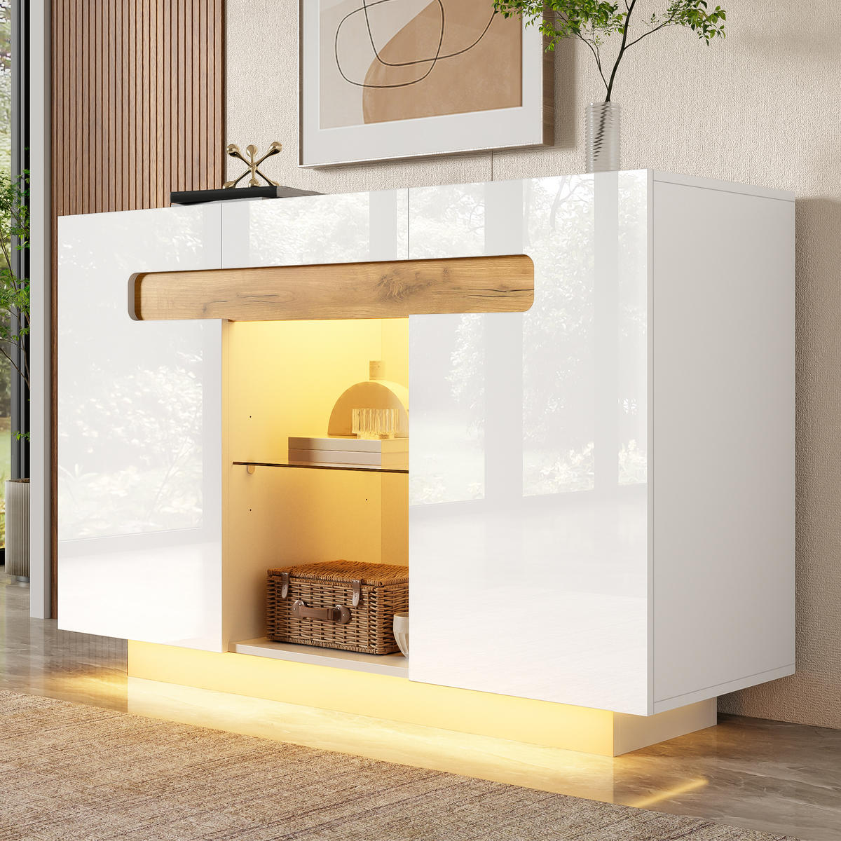 SIDEBOARD LED Hochglanz 4 Regale offene Fächer Weiß Natur 120cm - Multicolor, Glas (120/80/40cm) - FLIEKS