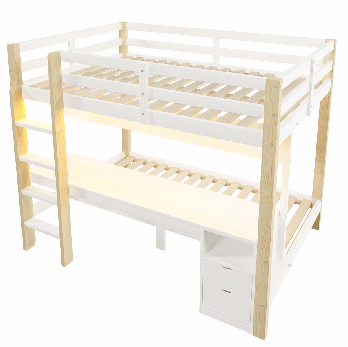 ETAGENBETT 140x200 und 90x200 cm in Weiß/Natur mit Schreibtisch, Schubladen und LED - Weiß, Holz (140/200cm) - IVMEU