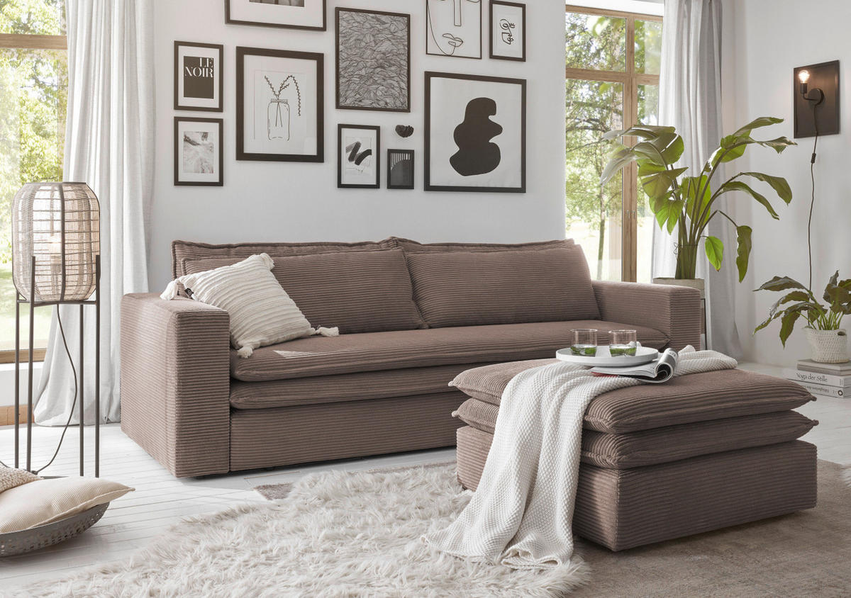 SOFA-SET braun Cord, Couch 3-Sitzer mit Bettfunktion inklusive Hocker - Beige/Braun, Holz/Textil (244/83/176cm) - Furn.Design