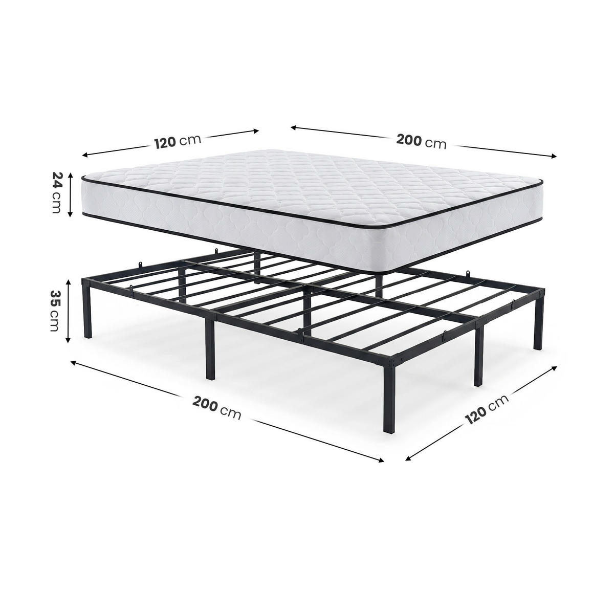 METALLBETT Klappbares mit Matratze 120x200 cm Schwarz - Schwarz, Metall - Akord